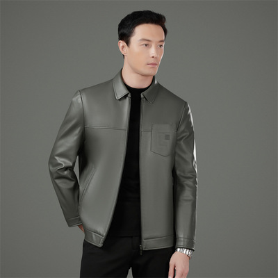 恒源祥官方正品品牌海宁皮衣男春秋商务软皮外套休闲翻领皮夹克爸