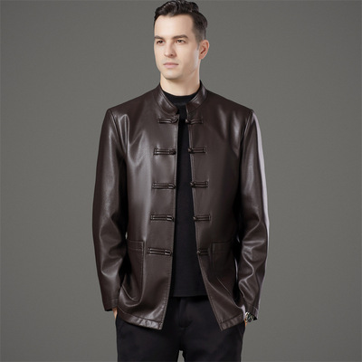 恒源祥官方正品2025海宁皮衣男中年立领国风新款春秋唐装夹克商务