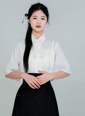 大码女装新中式国风盘扣短袖衬衫夏季显瘦遮肚子搭配马面裙的上衣
