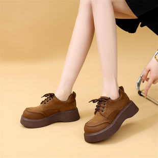 新款 百搭单鞋 乐福鞋 棕色时尚 女圆头系带休闲鞋 英伦风厚底2025冬季