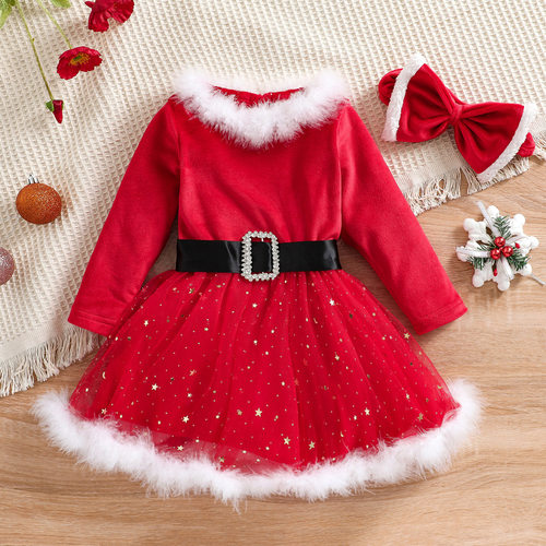 Christmas dress, girls' fringed long sleeved star mesh skirt
