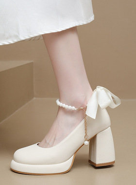 High heels shoes, women's thick heels, pearl Mary jane shoes