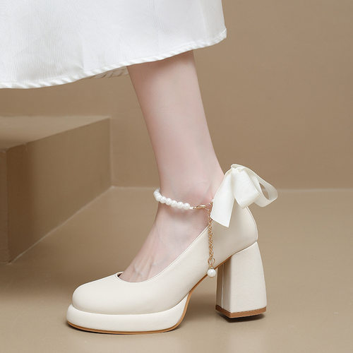 High heels shoes, women's thick heels, pearl Mary jane shoes