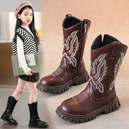 Girls' boots with autumn winter embroidery, Western  boots