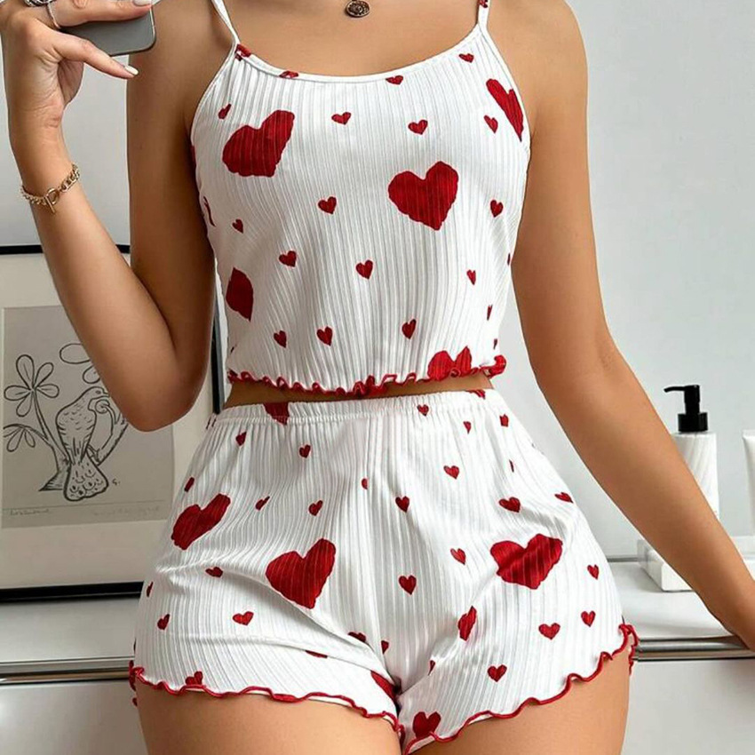 Love printed sweet camisole shorts pajamas for women睡衣女孩