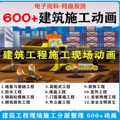 建筑施工动画一建二建现场工艺流程土建安装现场施工技术视频素材