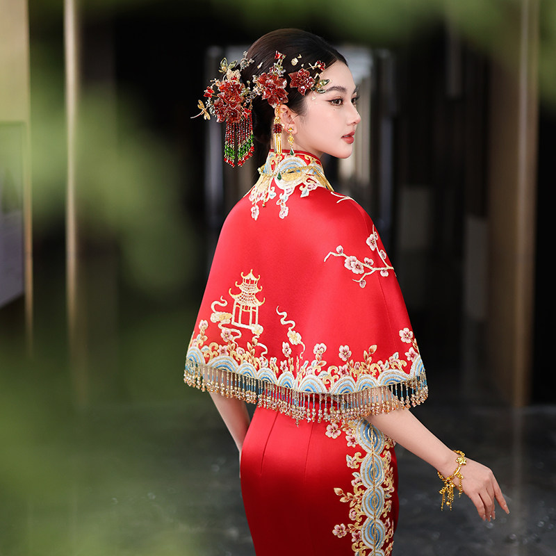 ETE朱红凝香中式婚礼古装秀禾服头饰古典红色琉璃花边夹发钗套装