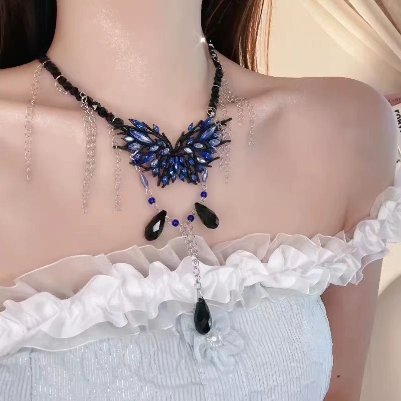 潮酷辣妹蓝色水晶锁骨链复古法式百搭项链新娘婚纱时尚日常颈链