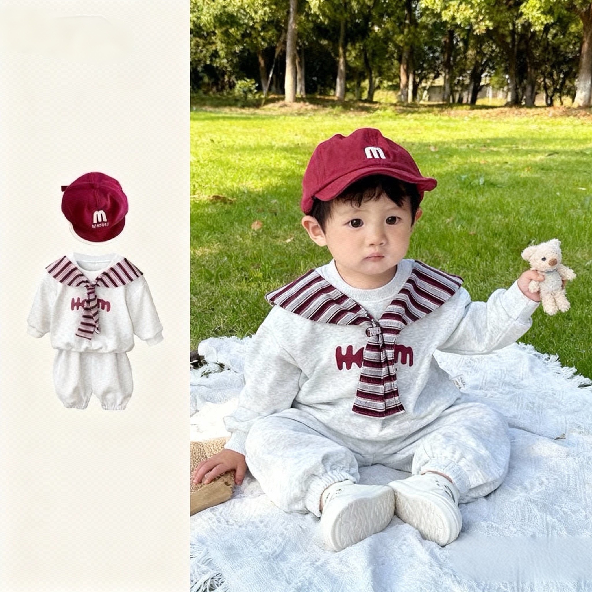 加绒加厚韩版学院风男童套装春秋新款条纹披肩卫衣两件套洋气休闲