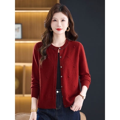 恒源祥100纯羊毛开衫女短款圆领毛衣外套宽松洋气妈妈装春秋针织