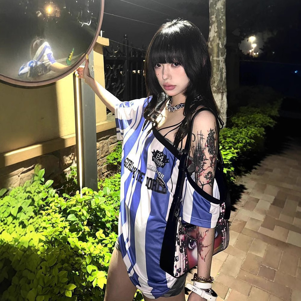 薏尔康美式复古条纹短袖运动夏季新款球衣设计宽松T恤辣妹上衣ins