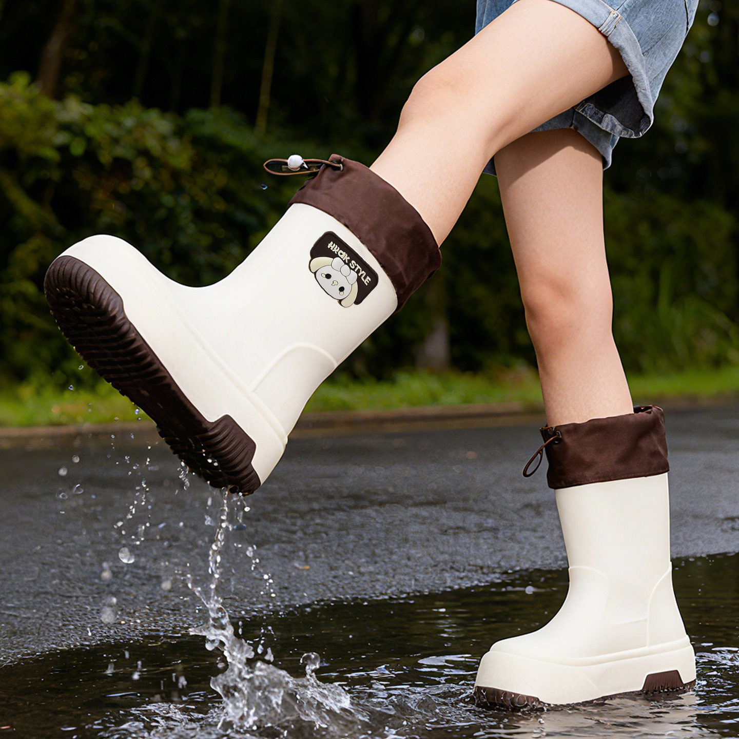 德国精工日系可爱短筒雨鞋女士胶鞋外穿防滑水靴厚底水鞋加绒短款
