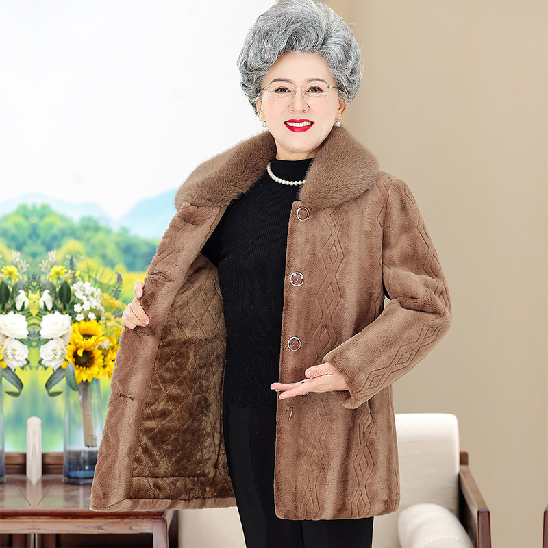恒源祥妈妈冬装加厚加绒外套老太太保暖仿水貂绒中老年女士洋气宽