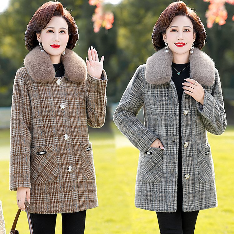 恒源祥中年妈妈冬装加绒外套加厚仿水貂绒大衣中老年女装秋冬毛呢