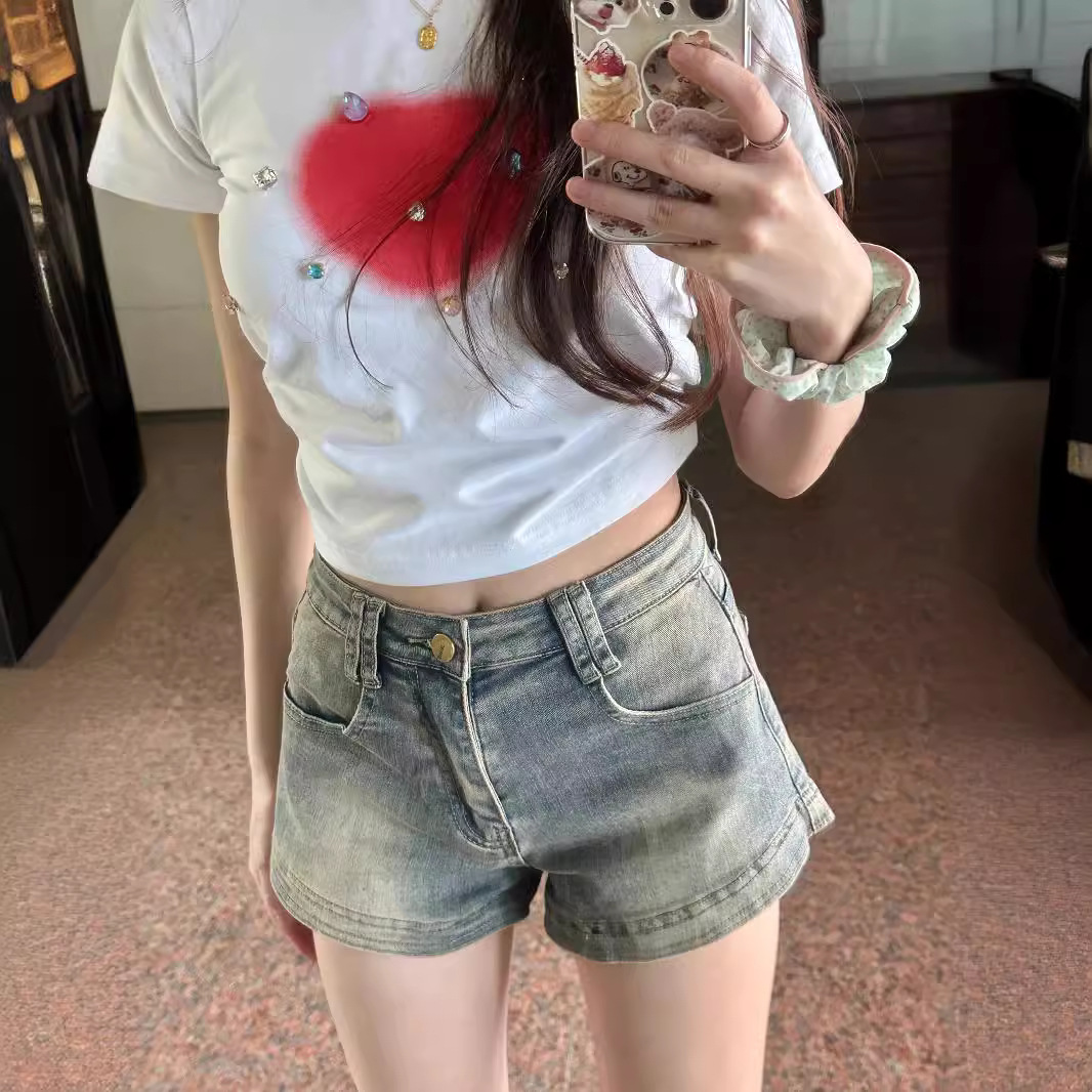IEF/爱依服美式高街牛仔短裤女夏季设计感小众高腰显瘦辣妹做旧复