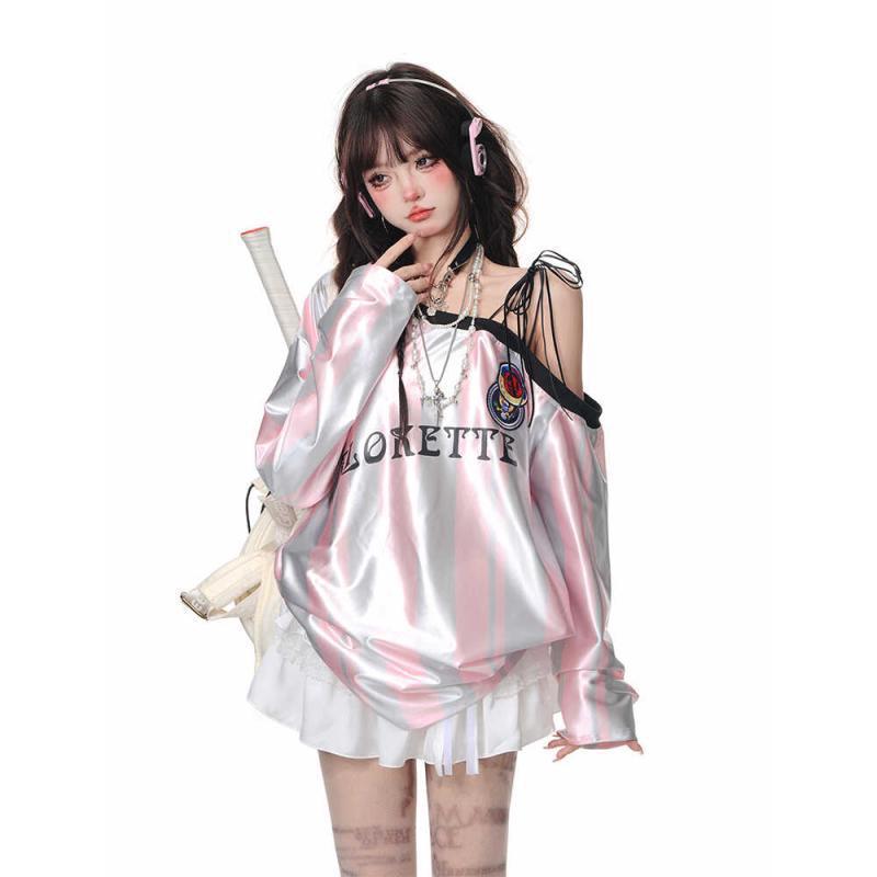 薏尔康2025美式复古斜肩棒球服女卫衣早秋新款辣妹运动风休闲上衣