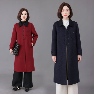 恒源祥妈妈中长款毛呢上衣羊毛零双面羊绒大衣外套女洋气中老年秋