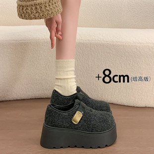 韩国潮鞋灰色厚底加绒勃肯鞋女款2025秋冬季小个子增高乐福鞋保暖