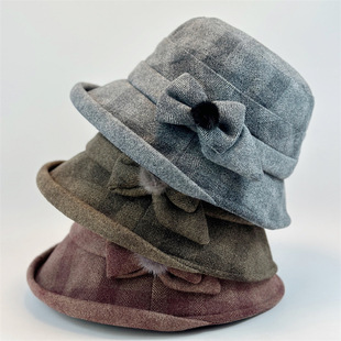 香港潮牌秋冬款妈妈毛呢盆帽中老年女士帽子防风保暖时尚渔夫帽百
