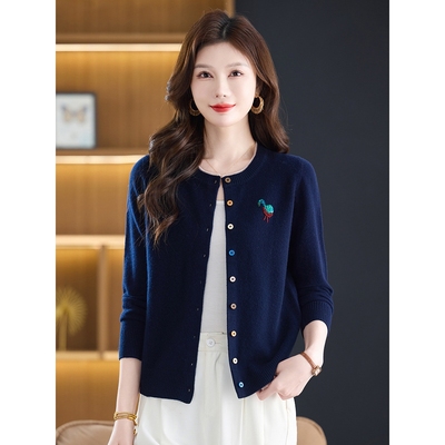 恒源祥春秋羊毛衫女100纯羊毛开衫圆领毛衣外套洋气妈妈装外搭针