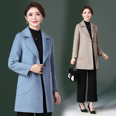 恒源祥妈妈装秋装洋气羊毛呢中长款外套新款中老年女装双面羊绒呢