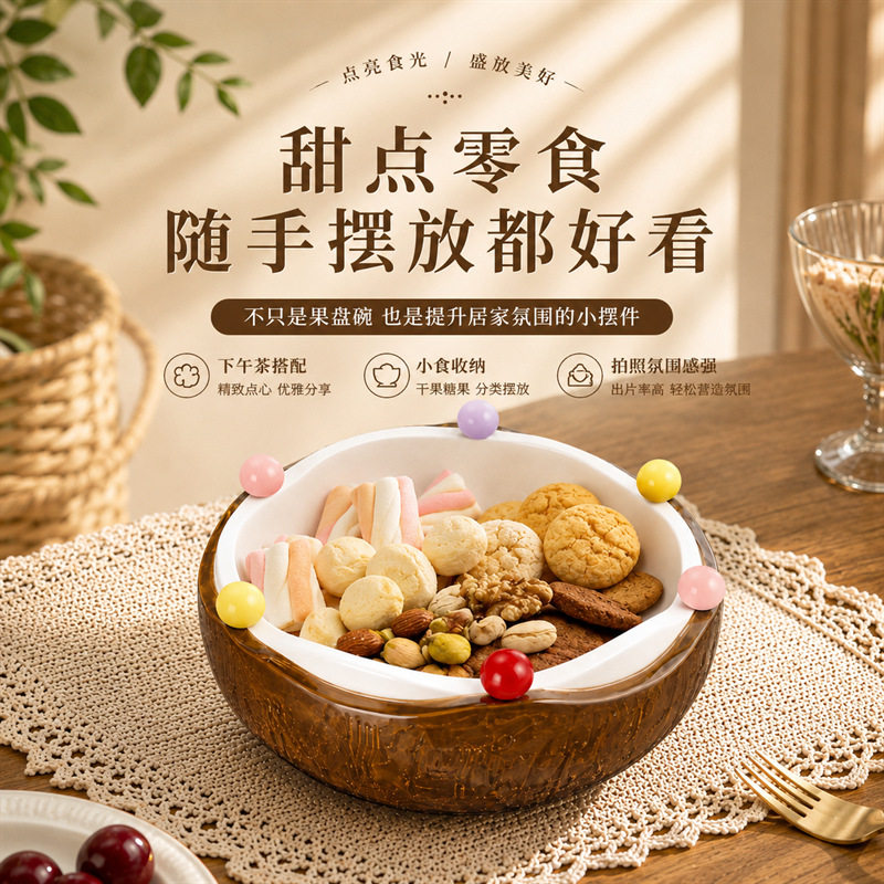 德国精工可爱椰子壳陶瓷水果盘带叉子套装沙拉碗家用客厅茶几送不图片