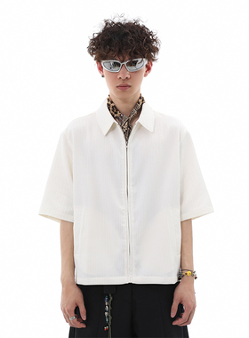 美式垂感cleanfit拉链翻领开衫短款短袖衬衫男痞帅老钱风半袖衬衣