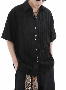 美式高街cleanfit肌理感褶皱短袖衬衫男夏季宽松痞帅设计小众衬衣