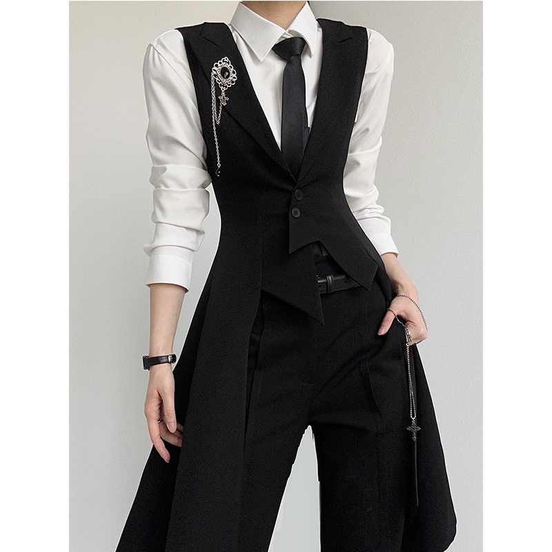 春秋季黑色西装长马甲高级感修身收腰戗驳领燕尾拖尾西服马夹制服