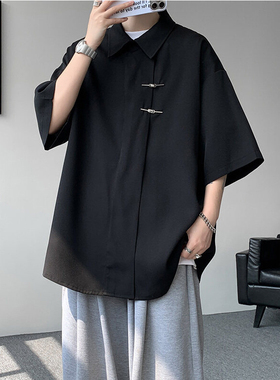 中式国风冰丝短袖衬衫男夏季透气斜门襟飞机扣唐装衬衣七分袖t恤