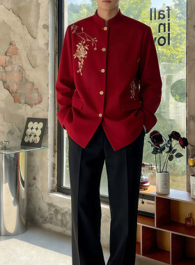 新中式国风西装高端刺绣立领休闲西服红色订婚结婚礼服中山装外套