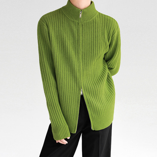 韩国INS慵懒风牛油果绿拉链毛衣男女秋冬立领宽松针织开衫 外套潮