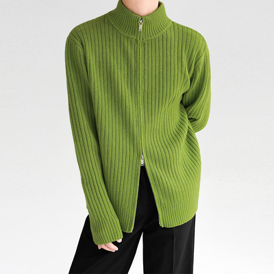 韩国INS慵懒风牛油果绿拉链毛衣男女秋冬立领宽松针织开衫外套潮
