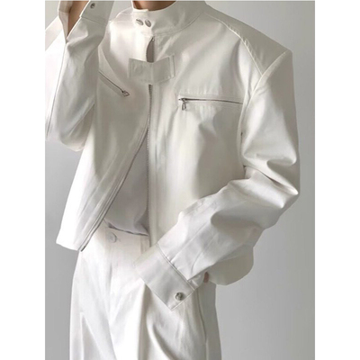 高级感白色短款立领垫肩外套男款秋冬季韩版潮牌轻骑兵机车服夹克