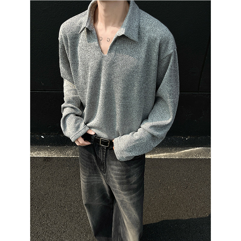 美式麦穗老钱风V领polo衫长袖T恤男春秋季款情侣潮牌高级感打底衫