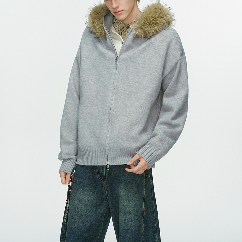 美式复古可拆卸毛领连帽开衫毛衣外套男款秋冬季慵懒风情侣针织衫