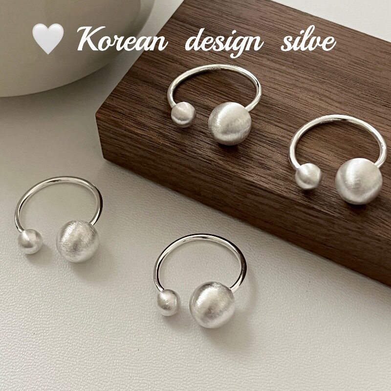 韩版简约ins风首饰 S925纯银大小圆球球拉丝戒指开口可调节叠戴女