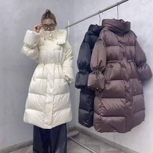 2024冬季新品醋酸缎面高端鹅绒服优雅连帽长款保暖羽绒服女式外套