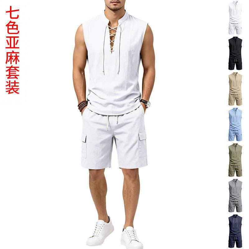 跨境欧美夏季男士亚麻亲肤透气宽松无袖系绳衬衫多口袋短裤套装