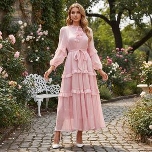 新款2026度假风花边系带立领多层珍珠荷叶边大摆型纯色长款连衣裙