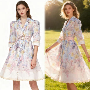 新款2026春夏西装领拼接花边定位花短袖单排扣修身短款连衣裙