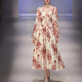 大量现货玉落青瓷经典 法式 收腰V领连衣裙钉珠印花大摆雪纺中长裙