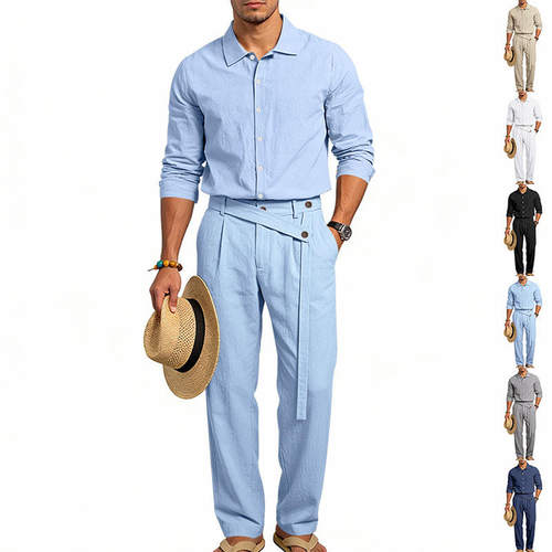 跨境欧美男士亚麻休闲宽松长袖翻领衬衫斜腰带长裤套装拉链门襟