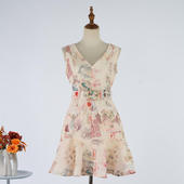 独立站2026春夏新品 V领无袖 马甲口袋印花荷叶边迷你连衣裙女