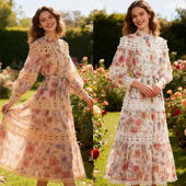 长款 欧美时尚 波西米亚度假风雪纺拼接蕾丝花边宽松版 连衣裙A字裙