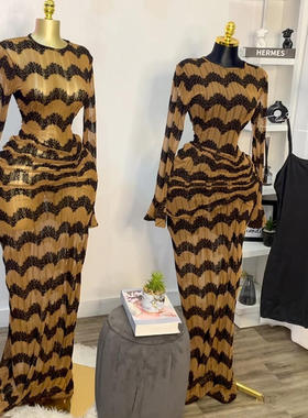 欧美2025夏季甜美清新条纹圆领长袖高腰连衣裙长裙涤纶HK72338