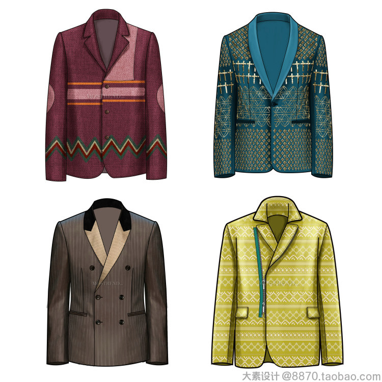 k6男装西装西服款式图 服装设计效果图AI矢量图线稿手稿参考素材