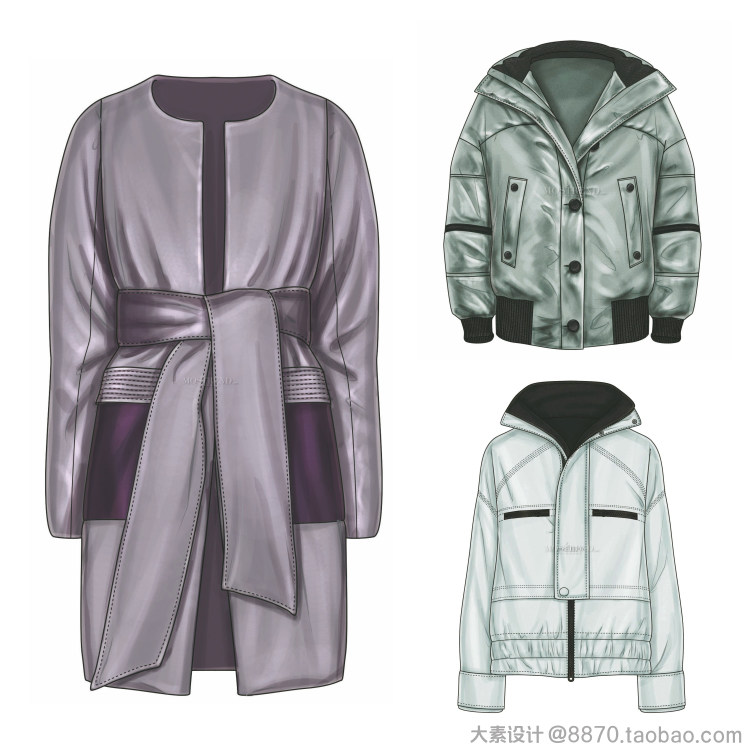 K16女装棉服羽绒服 服装设计款式图手稿 AI矢量图线稿参考素材