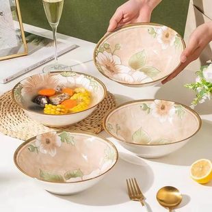 【4只装】8英寸山茶花大海碗吃面喝汤家用大号汤碗茶色创意米饭碗