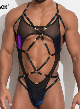 ThePack男士时尚性感镂空紧身网眼孔雀翎色绑带单丁连体服SS25U19